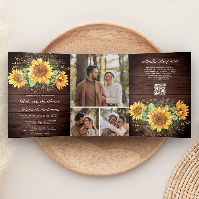 Invitación Tríptica Boda Código QR Foto de Girasoles de Madera de Gran (Subido por el creador)