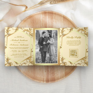 Invitación Tríptica Boda Código QR Foto Florecer Amarillo Mantequilla