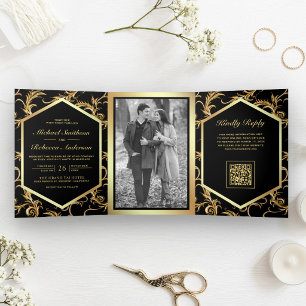 Invitación Tríptica Boda Código QR Foto Florecer Oro Negro