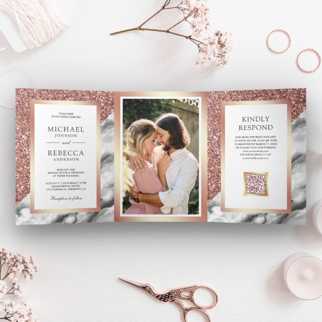 Invitación Tríptica Boda Código QR Foto Mármol Gris Oro Rosa (Subido por el creador)