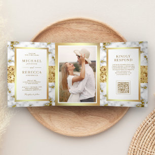 Invitación Tríptica Boda Código QR Foto Mármol Oro Blanco