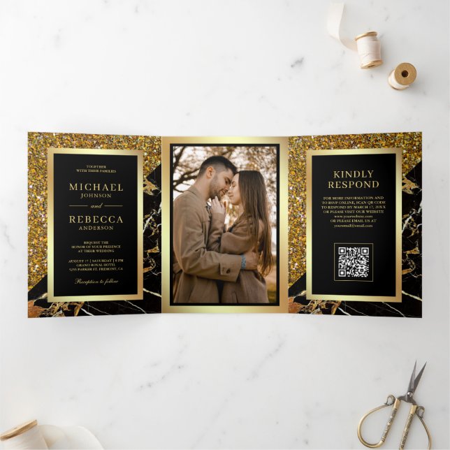 Invitación Tríptica Boda Código QR Foto Mármol Oro Negro (Interior)