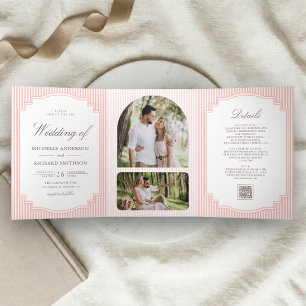 Invitación Tríptica Boda Código QR Foto Rayada Pastel Rosa Coral