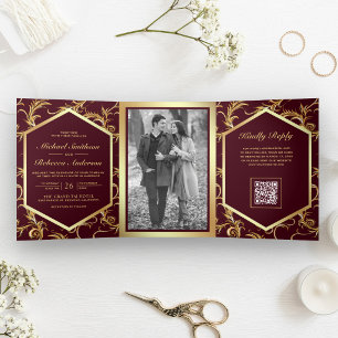 Invitación Tríptica Boda Código QR Foto Remolino Florecer Borgoña