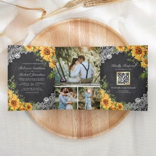 Invitación Tríptica Boda Código QR Girasoles de Encaje Pizarra Rústica