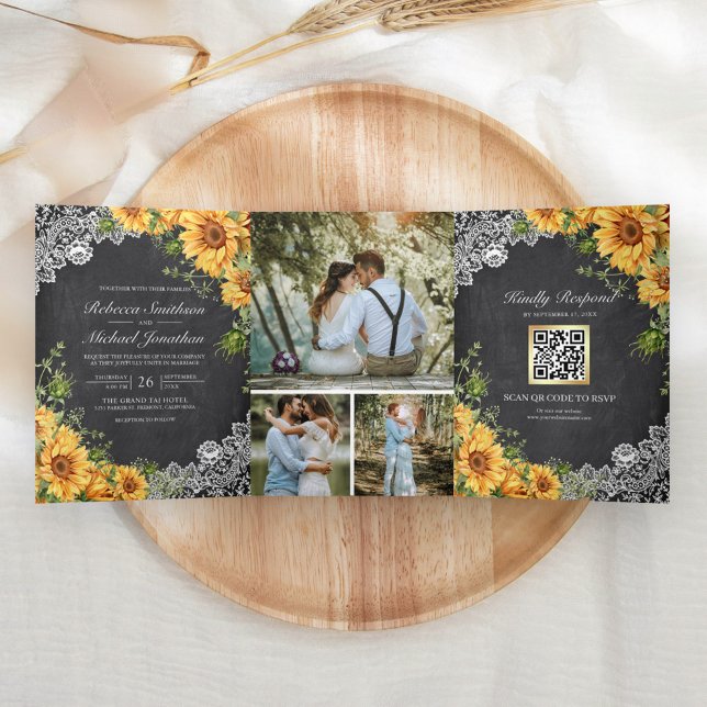 Invitación Tríptica Boda Código QR Girasoles de Encaje Pizarra Rústica (Subido por el creador)