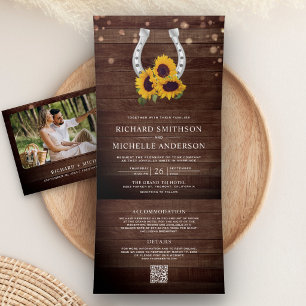 Invitación Tríptica Boda Código QR Herradura Girasoles Madera Campestr