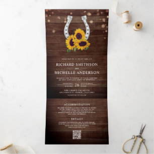 Invitación Tríptica Boda Código QR Herradura Girasoles Madera Campestr