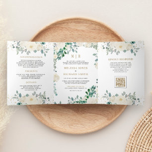 Invitación Tríptica Boda Código QR Hojas Verde Floral Marfil