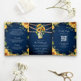 Invitación Tríptica Boda Código QR Jarrón de Girasoles Azul Marino