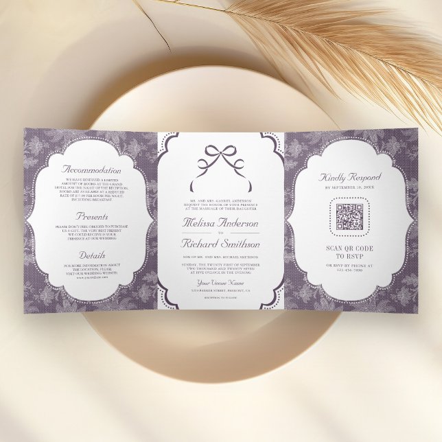 Invitación Tríptica Boda Código QR Lazo Coqueta de Encaje Blanco Púrpu (Subido por el creador)