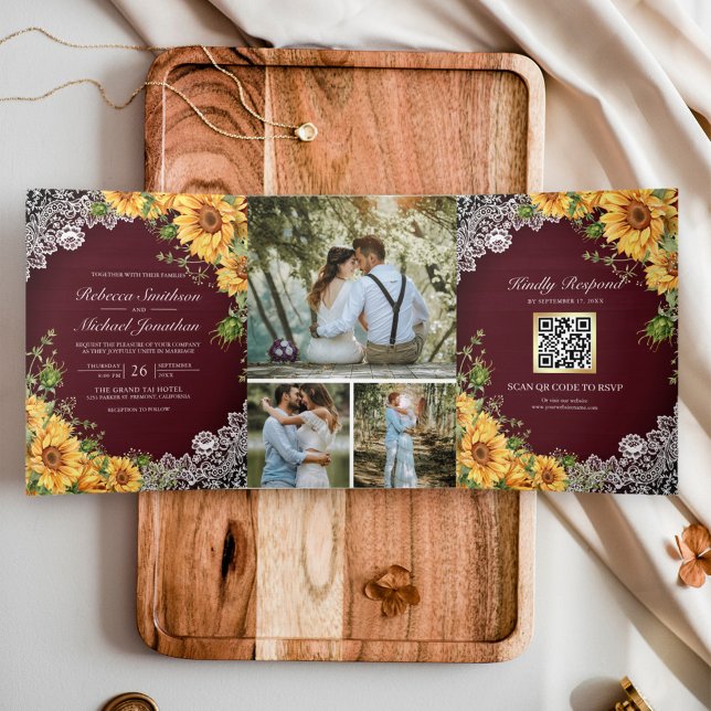 Invitación Tríptica Boda Código QR Madera Burgundy Girasoles Rústicos (Subido por el creador)