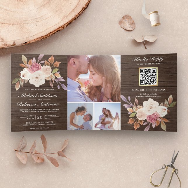 Invitación Tríptica Boda Código QR Madera de Granero Floral Marfil Ros (Subido por el creador)