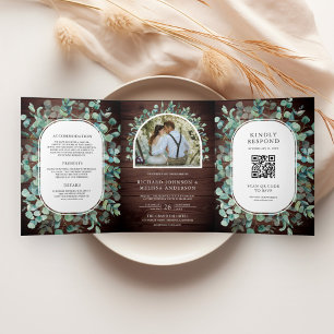 Invitación Tríptica Boda Código QR Madera de Granero Foto Eucalipto Rú