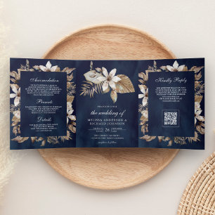 Invitación Tríptica Boda Código QR Marino Hojas de Palma Secas Tropica