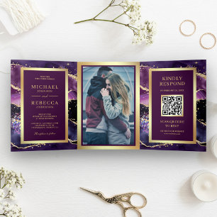 Invitación Tríptica Boda Código QR Mármol Ágata Dorado Púrpura Ciruela