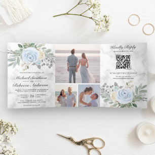 Invitación Tríptica Boda Código QR Mármol Blanco Floral Azul Polvorien