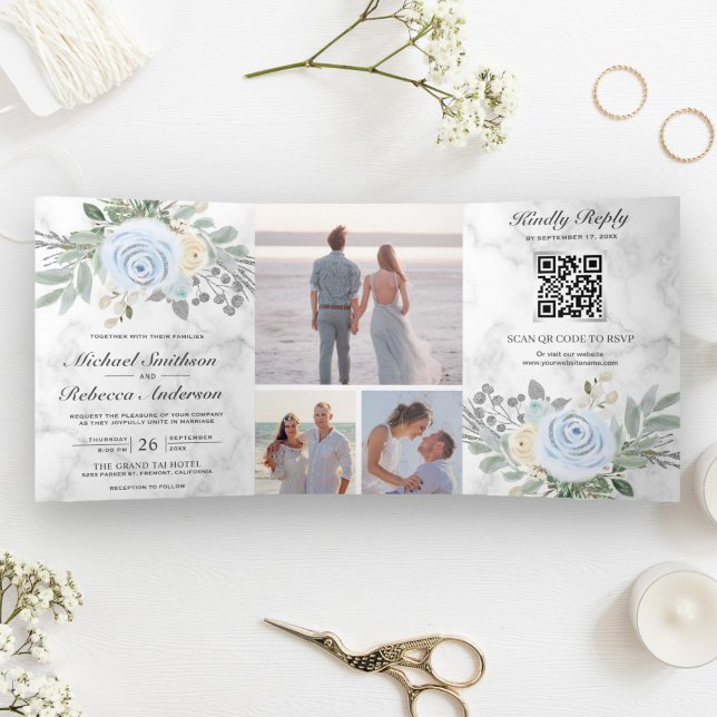 Invitación Tríptica Boda Código QR Mármol Blanco Floral Azul Polvorien (Subido por el creador)
