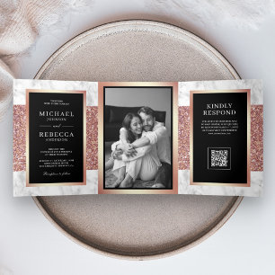 Invitación Tríptica Boda Código QR Mármol Blanco Oro Negro
