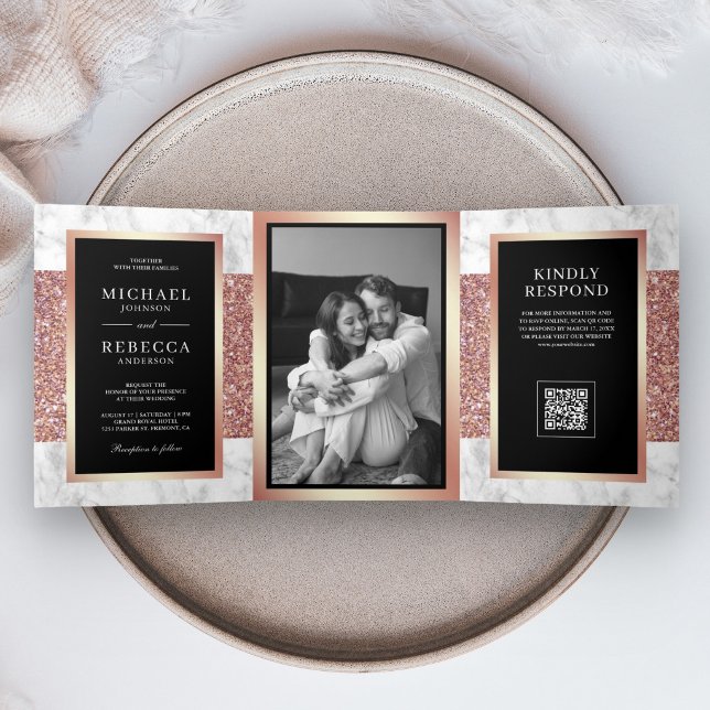 Invitación Tríptica Boda Código QR Mármol Blanco Oro Negro (Subido por el creador)
