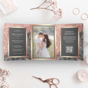 Invitación Tríptica Boda Código QR Mármol Gris Pizarra Rosa Dorado