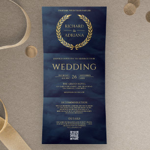 Invitación Tríptica Boda Código QR Mínimo Laurel Dorado Azul Marina