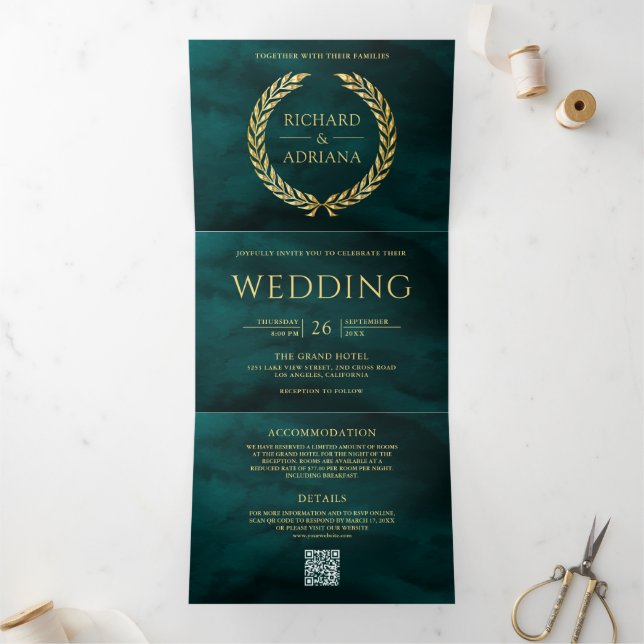 Invitación Tríptica Boda Código QR Mínimo Laurel Dorado Verde Oscuro (Interior)
