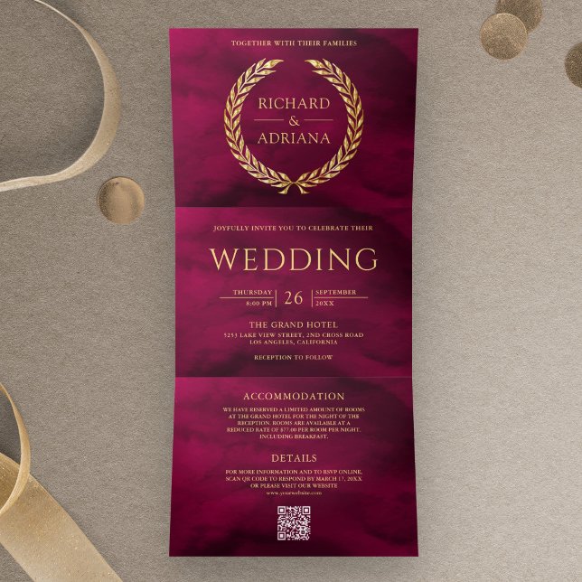 Invitación Tríptica Boda Código QR Mínimo Rosa Magenta Dorado Laurel (Subido por el creador)