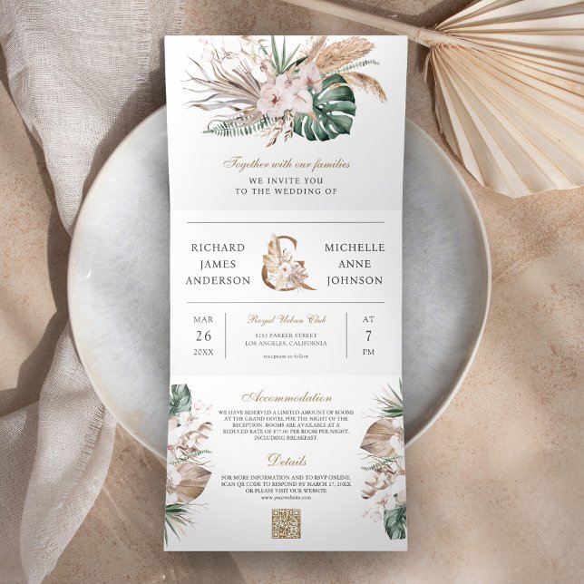 Invitación Tríptica Boda Código QR Monstera Tropical Boho Pampas (Subido por el creador)