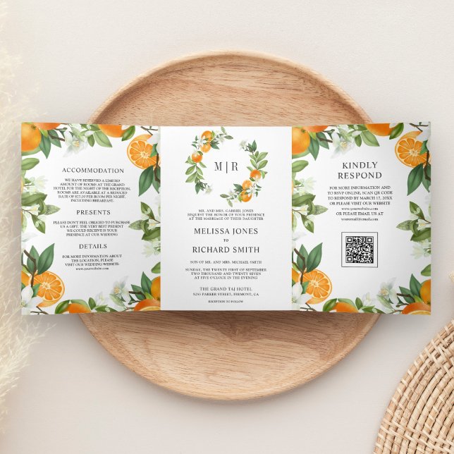 Invitación Tríptica Boda Código QR Naranja Cítrico Mandarina Rústica (Subido por el creador)