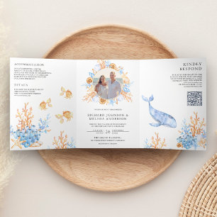 Invitación Tríptica Boda Código QR Náutico Acuarela Bajo el Mar