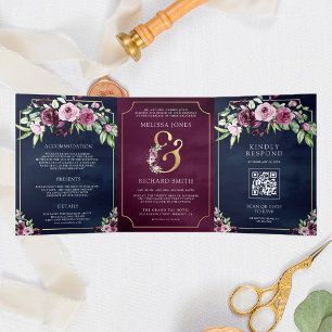 Invitación Tríptica Boda Código QR Naval Ampersand Floral Ciruela Rosa