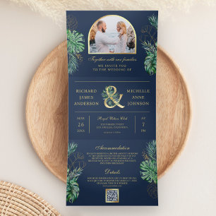Invitación Tríptica Boda Código QR Navy Monstera Palm Gold Tropical