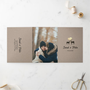 Invitación Tríptica Boda Código QR Otoño Invierno Rústico Amor Ciervos