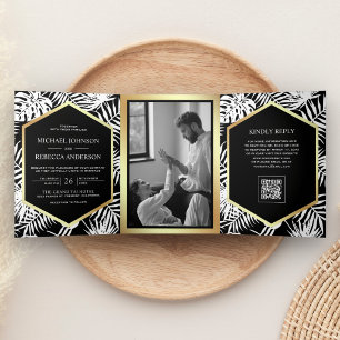 Invitación Tríptica Boda Código QR Palma Tropical Dorado Blanco