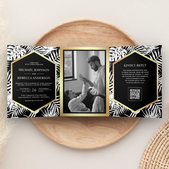 Invitación Tríptica Boda Código QR Palma Tropical Dorado Blanco (Subido por el creador)