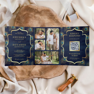 Invitación Tríptica Boda Código QR Plumas de Pavo Real Azul Marino