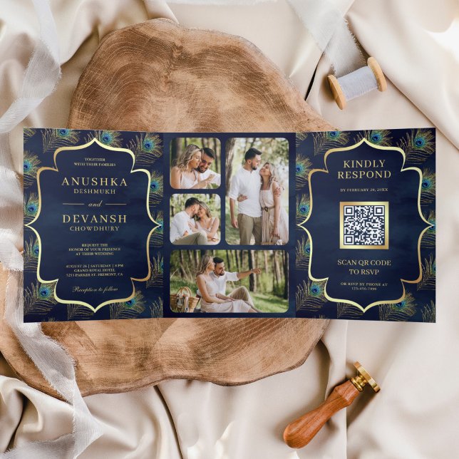 Invitación Tríptica Boda Código QR Plumas de Pavo Real Azul Marino (Subido por el creador)