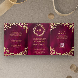 Invitación Tríptica Boda Código QR Rama Hoja de Oro Magenta Rosa