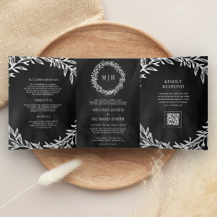 Invitación Tríptica Boda Código QR Rama Hoja Plateada Gris Carbón