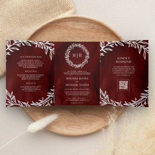 Invitación Tríptica Boda Código QR Rama Hoja Plateada Rojo Granate