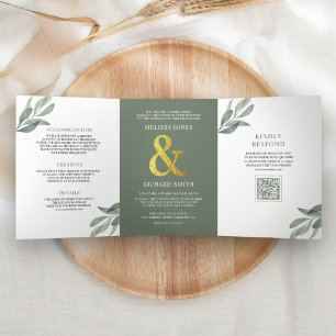 Invitación Tríptica Boda Código QR Rama Hojas de Olivo Verde Salvia
