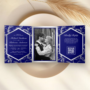 Invitación Tríptica Boda Código QR Remolino de Plata Azul Real