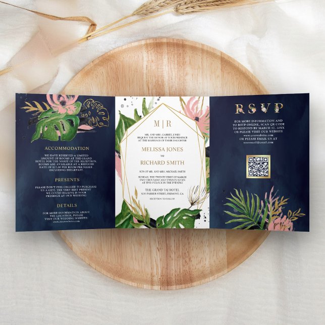 Invitación Tríptica Boda Código QR Rosa Floral Oro Tropical Navy (Subido por el creador)