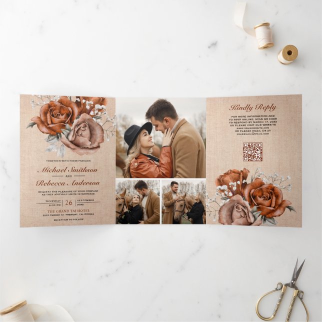 Invitación Tríptica Boda Código QR Rosa Naranja Quemada Arpillera Rúst (Interior)
