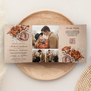 Invitación Tríptica Boda Código QR Rosa Naranja Quemada Arpillera Rúst