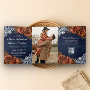 Invitación Tríptica Boda Código QR Rosa Terracota Polvorienta Azul Mar