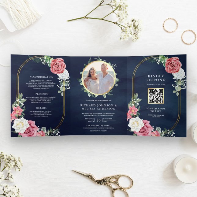 Invitación Tríptica Boda Código QR Rosas Rosadas Boho Rústico Floral A (Subido por el creador)