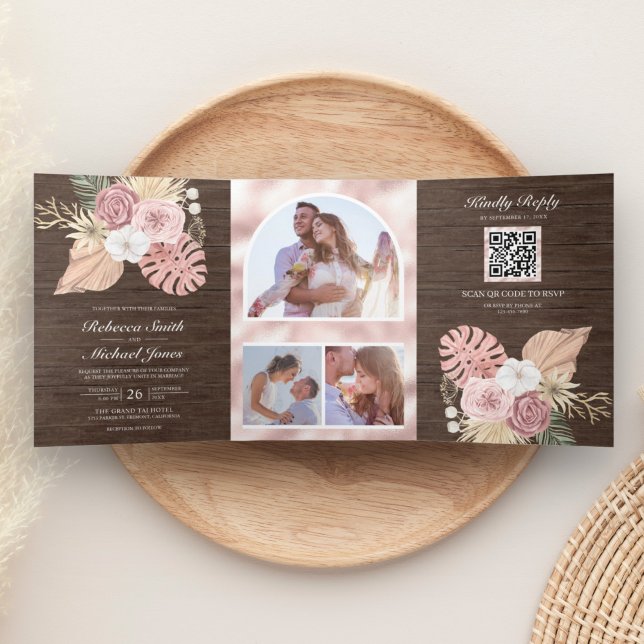 Invitación Tríptica Boda Código QR Rosas Rosadas Polvorientas Palma de (Subido por el creador)