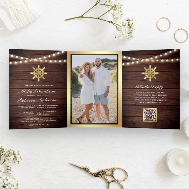 Invitación Tríptica Boda Código QR Rueda de Barco Náutico de Madera Do (Subido por el creador)